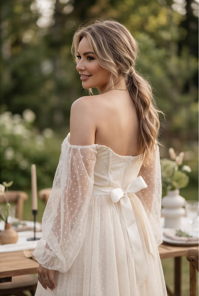 Kuva jossa naisella on juhlamekko jossa on puhvihihat off-shoulder malli